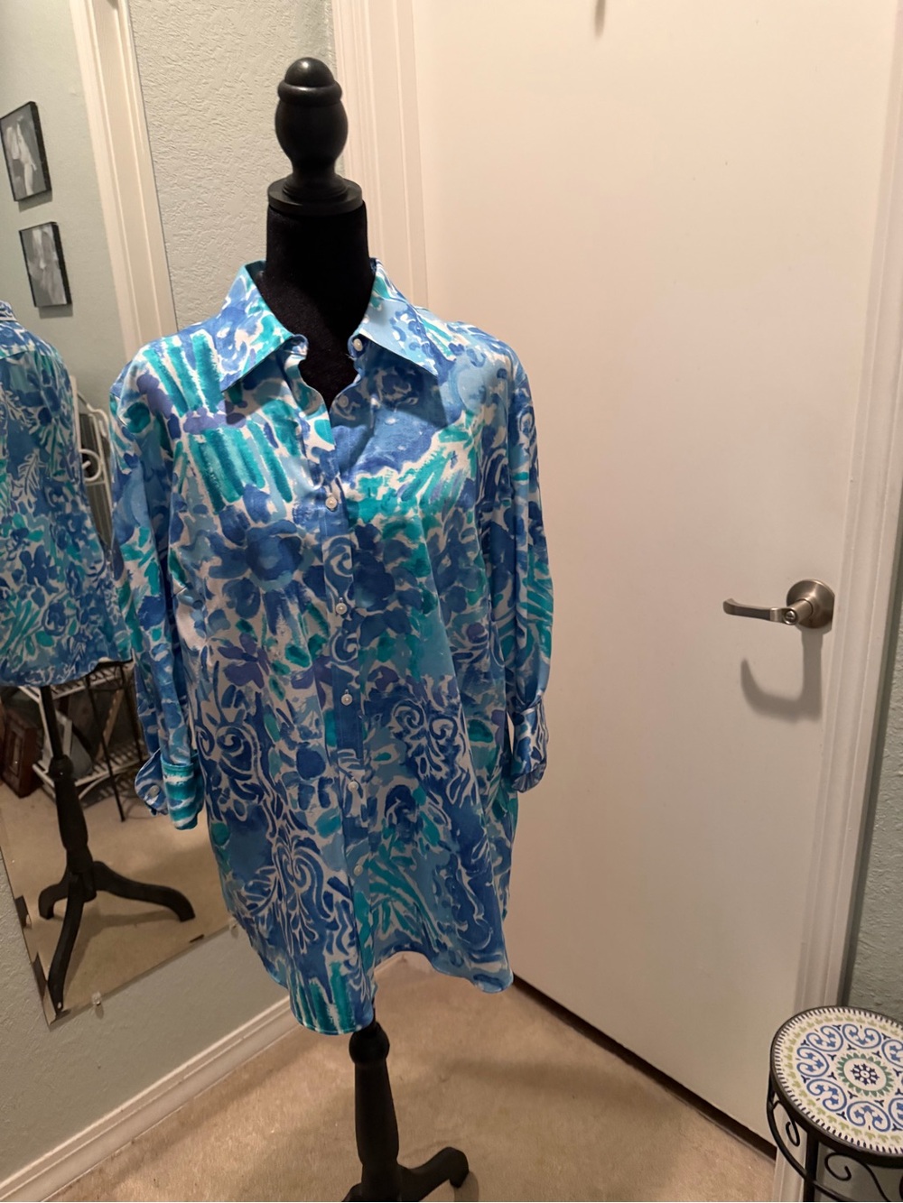 Chaps Blue & Turquoise Cotton Button-Up Shirt NO IRON